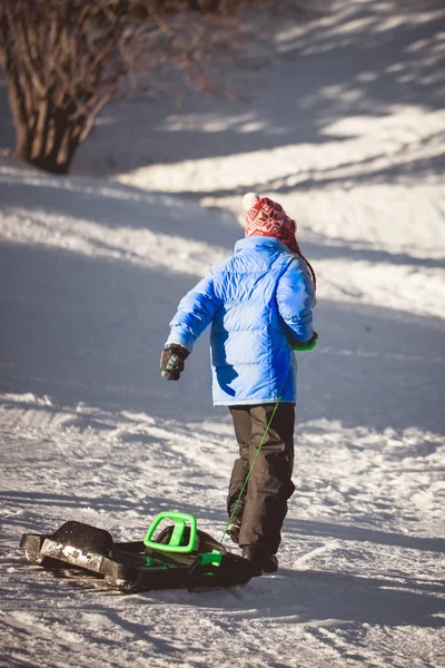 Boy Pulling Sledge Snow Winter — Stock Photo, Image