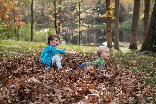 Junge Kleinkinder Und Junges Mädchen Spielen Den Blättern — Stockfoto