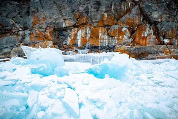 Крупный План Треснувшего Льда Замёрзшем Озере Сибирь Россия — стоковое фото