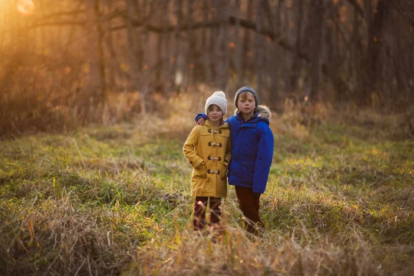 Portrait Boy Girl Standing Woods Hugging United States — Stock Photo, Image