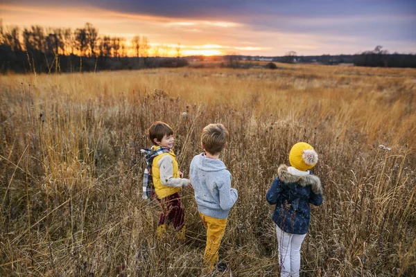 Tres Niños Pie Campo Atardecer Estados Unidos —  Fotos de Stock