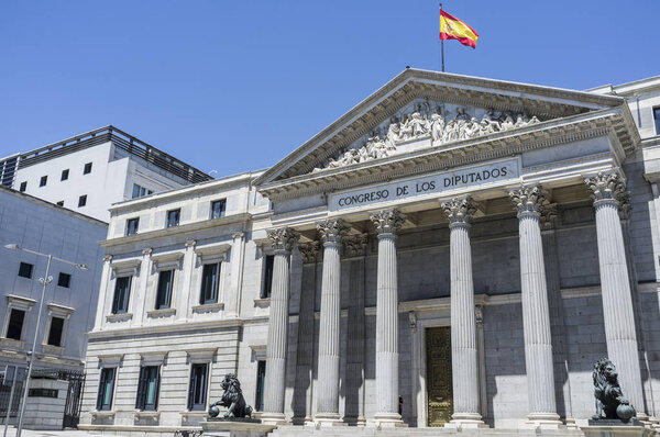 Palace, Palacio de las Cortes, Spanish congress deputies, exterior street,Madrid. Spain.