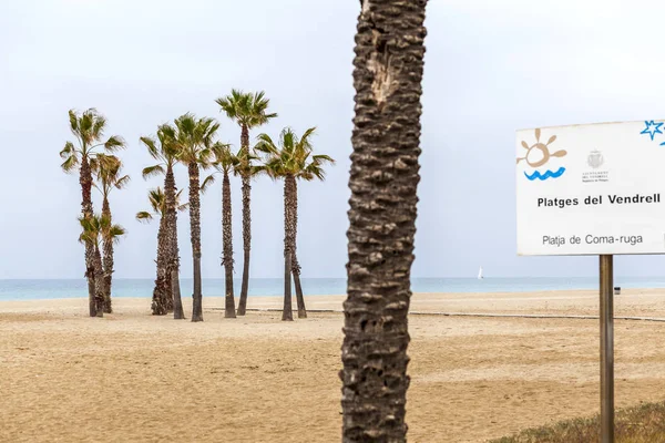 Mediterrane Strand Costa Dorada Strand Van Coma Ruga Teken Palm — Stockfoto