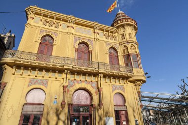  Mimarlık, neo-mudejar tarzı, Nou Casino La Constancia Sant Feliu de Guixols, Costa Brava, Girona, Katalonya. İspanya.
