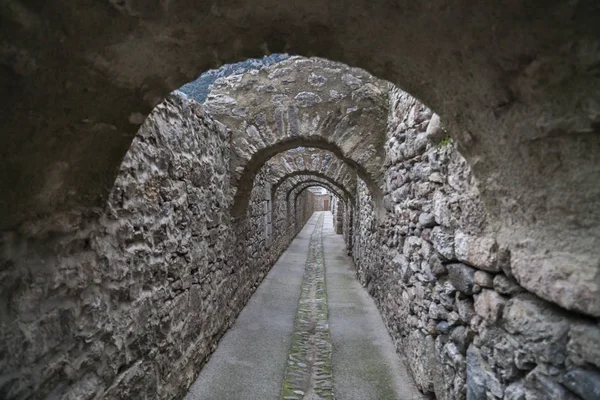 Ancient street of medieval village of Villefranche-de-Conflent, France.