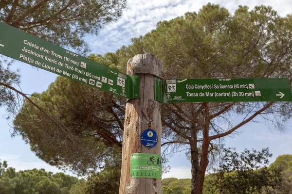 Знак відстань маршрут між Льорет-де-Мар і Тоса-де-Мар, Коста-Брава, Каталонія, Іспанія. Ліцензійні Стокові Зображення