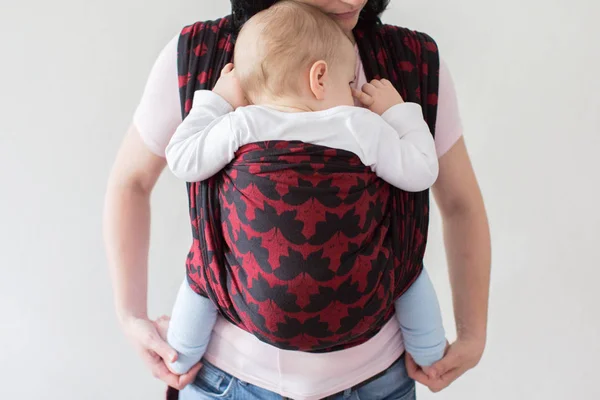 Cropped View Baby Woven Wrap Front View Babywearing Mother Carrying — Stock Photo, Image