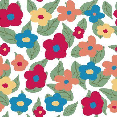 Çiçek desenli beyaz arka plan üzerinde. Çiçekler ve yapraklar. Vektör