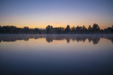 Nehirde gün batımı. Suda orman yansıması