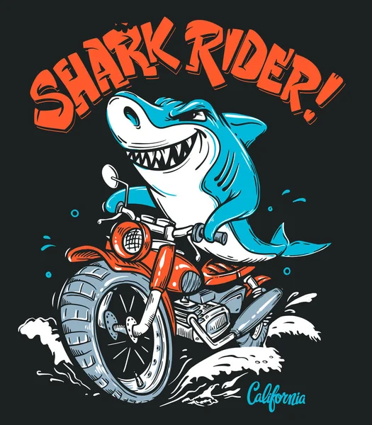 Tiburón jinete en moto vector T-Shirt design — Archivo Imágenes Vectoriales