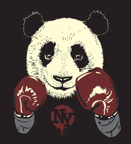 Panda en guantes de boxeo, oso dibujado a mano — Vector de stock