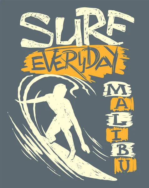 Surfista y gran ola. Diseño de camiseta — Vector de stock