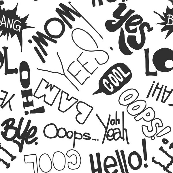 Vector seamless fashion sketch hand drawn pattern with lettering