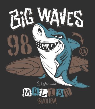 Surf Shark t-shirt print design, vector illustration clipart