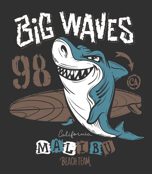 Surf Shark camiseta diseño de impresión, ilustración de vectores — Archivo Imágenes Vectoriales