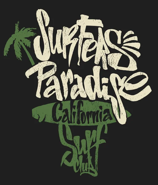 Surf paradise napis, t-shirt grafika, ilustracja wektorowa — Wektor stockowy