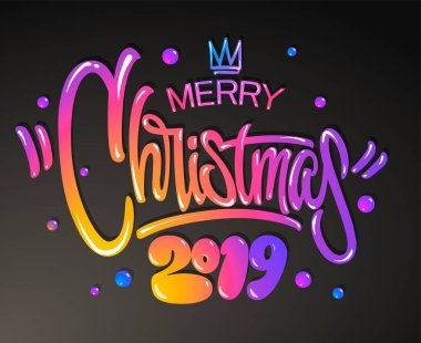 Neşeli Noel 2019 yıl. Tebrik kartı. Renkli yazı tasarımı. Vektör çizim