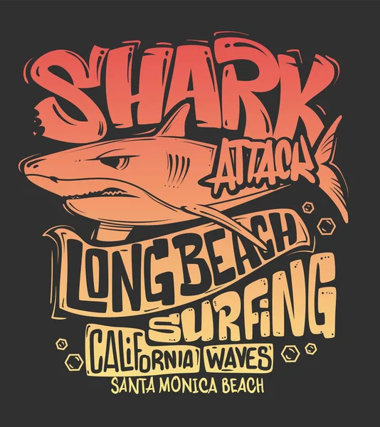 鲨鱼T恤冲浪平面设计 矢量图解 — 图库矢量图片