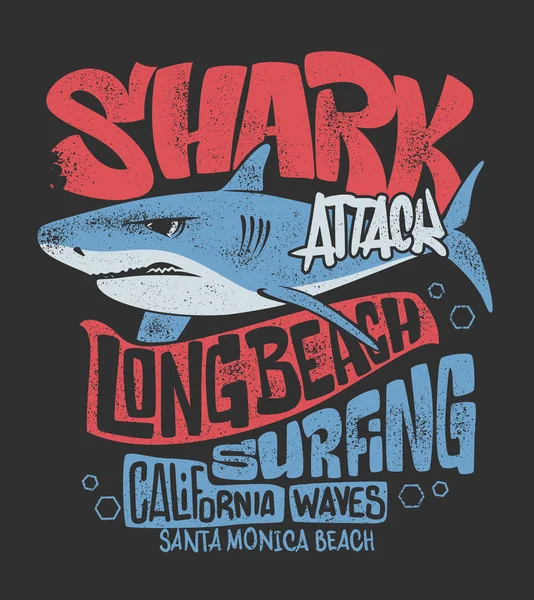 Tiburón camiseta surf diseño de impresión, vector de ilustración — Archivo Imágenes Vectoriales