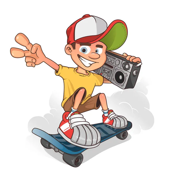 Pattinatore cool boy con ghetto blaster, personaggio dei cartoni animati vettoriali — Vettoriale Stock