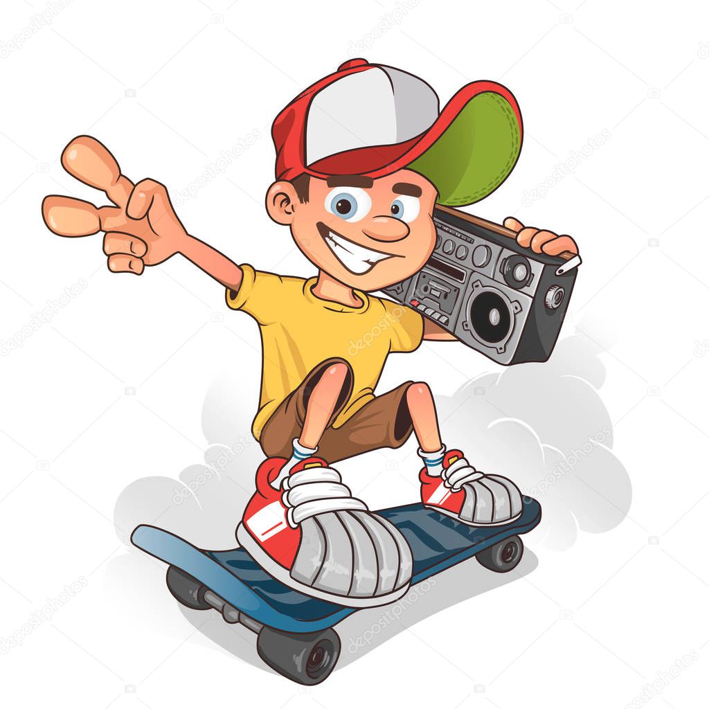 Cool boy skater with ghetto blaster, vector cartoon character