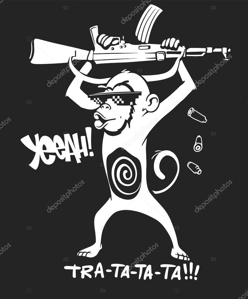 Monkey with automatic rifle - Vector print design