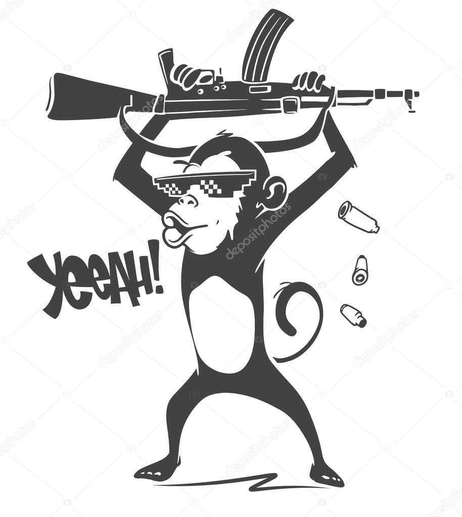 Monkey with automatic rifle - Vector print design