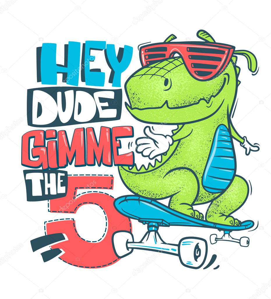 Skateboard dinosaur urban t-shirt print design, vector illustration.