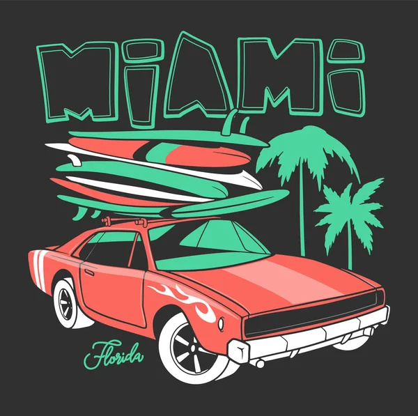 Sörf tahtası ile t-shirt baskı ve retro araba için Miami tipografi