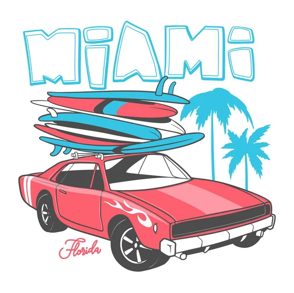 Tipografia de Miami para estampa de t-shirt e carro Retro com prancha —  Vetores de Stock