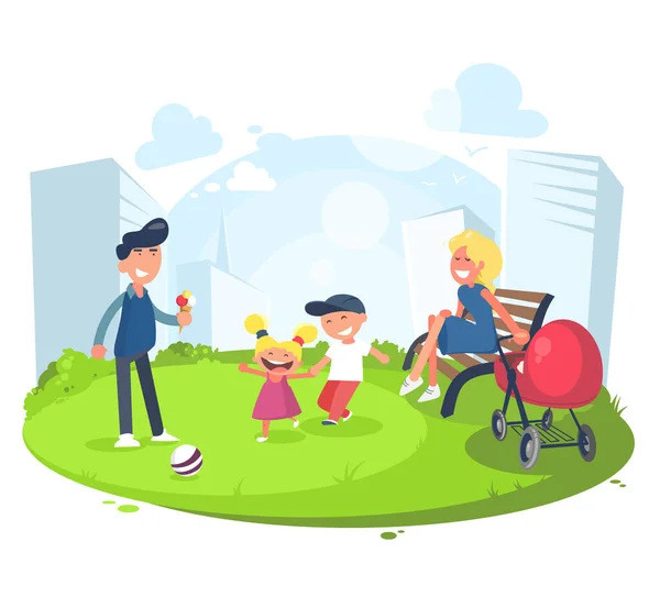 Parents and children are walking in the city park. — Stock Vector