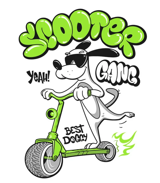 Γελοιογραφία σκυλί ιππασία ένα διάνυσμα σκούτερ T-Shirt σχεδιασμό — Διανυσματικό Αρχείο