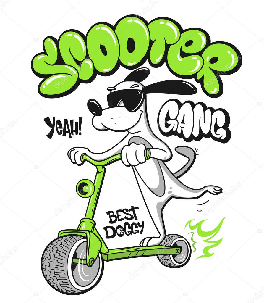 Cartoon dog riding a scooter vector T-Shirt design