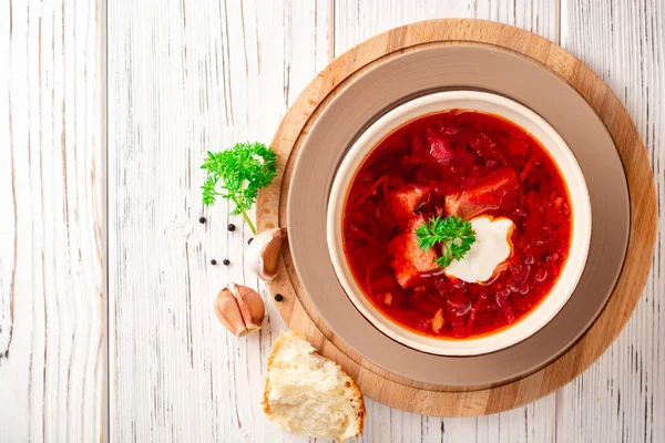 Borsch Traditional Ukrainian Russian Beetroot Soup White Wooden Background Top — Stock Photo, Image