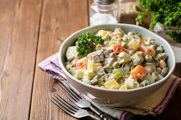 Traditional Russian Salad Olivier Bowl Wooden Table Selective Focus — Stock Photo, Image