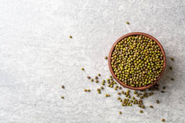 Seramik kase gri taş zemin üzerine yeşil mung fasulye. Üstten görünüm. Kopya alanı.