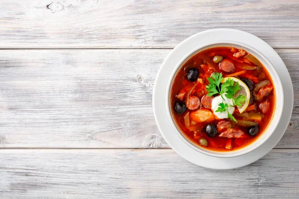 Traditional Russian Meat Soup Solyanka Bowl Rustic Wooden Table Top — Stock Photo, Image