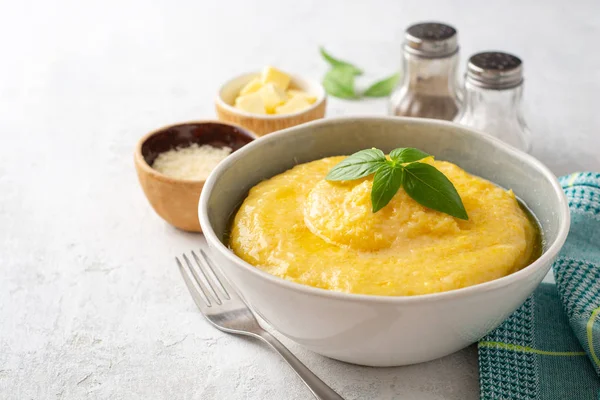 Polenta Butter Parmesan Cheese Bowl Concrete Background Selective Focus — Stock Photo, Image