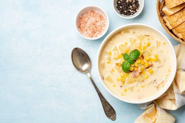 Corn Chowder Soup White Bowl Concrete Background Top View Copy — Stock Photo, Image