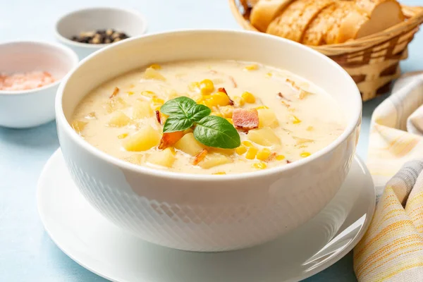 Corn Chowder Soup White Bowl Concrete Background Selective Focus — Stock Photo, Image