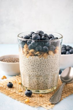 Taze yaban mersinli Chia pudingi ve beton zemin üzerinde cam granola. Seçici odak.