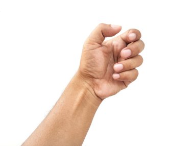 Beyaz arka planda izole edilmiş bir şey tutan el hareketi.