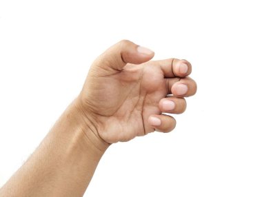 Beyaz arka planda izole edilmiş bir şey tutan el hareketi.