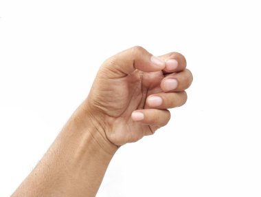 Beyaz arka planda izole edilmiş bir şey tutan el hareketi.