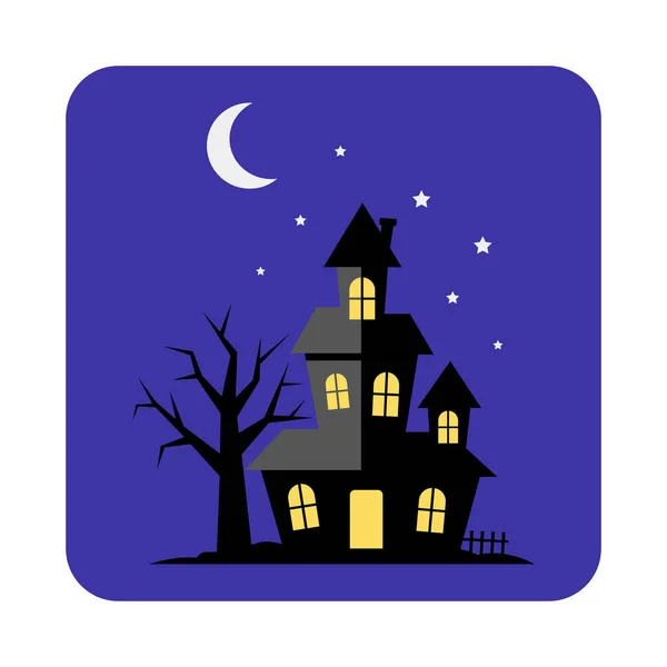 Creepy haunted house at night with crescent moon and stars white background