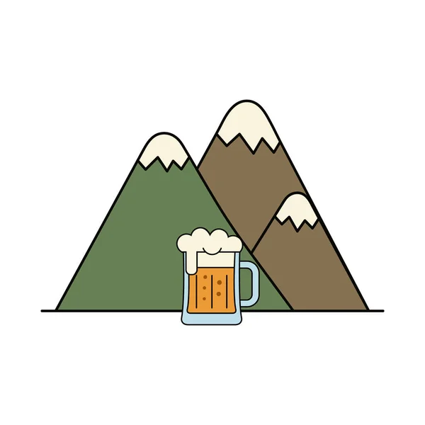 Experience the ultimate outdoor refreshment with a foamy beer mug perfectly positioned before striking snow-capped mountains, evoking a sense of adventure and relaxation.