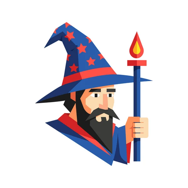 A medieval wizard with a long beard and pointed hat holding a flaming torch. This character evokes fantasy, magic, and adventure, perfect for storytelling and game design elements.