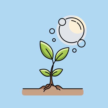 A vibrant green seedling emerges from the soil bathed in sunlight. Bubbles suggest photosynthesis or an energetic transfer. This image represents nature's cycle of growth and vitality.
