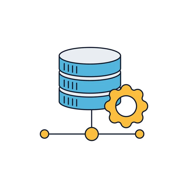 A vibrant flat icon depicting a stack of databases connected to a network of nodes and a cogwheel, symbolizing data processing, storage, and system configuration.