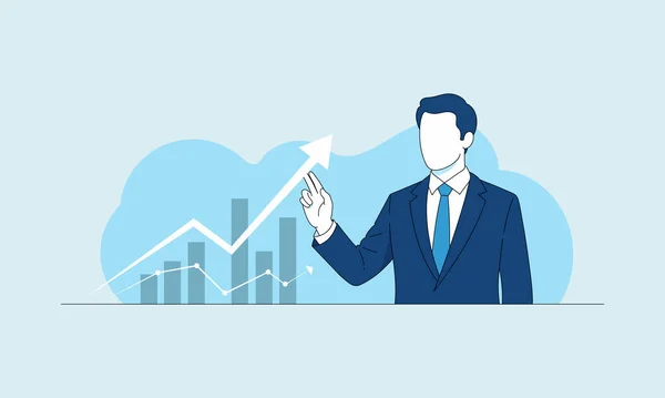 A professional businessman points to a rising trend line on a financial graph, symbolizing economic progress and successful business strategy with bar chart elements.